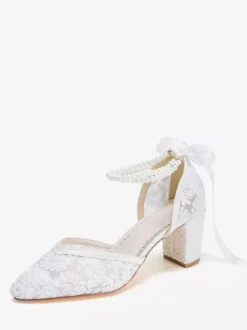 Chaussures de mariée en dentelle bout pointu perles talon compensé bride cheville