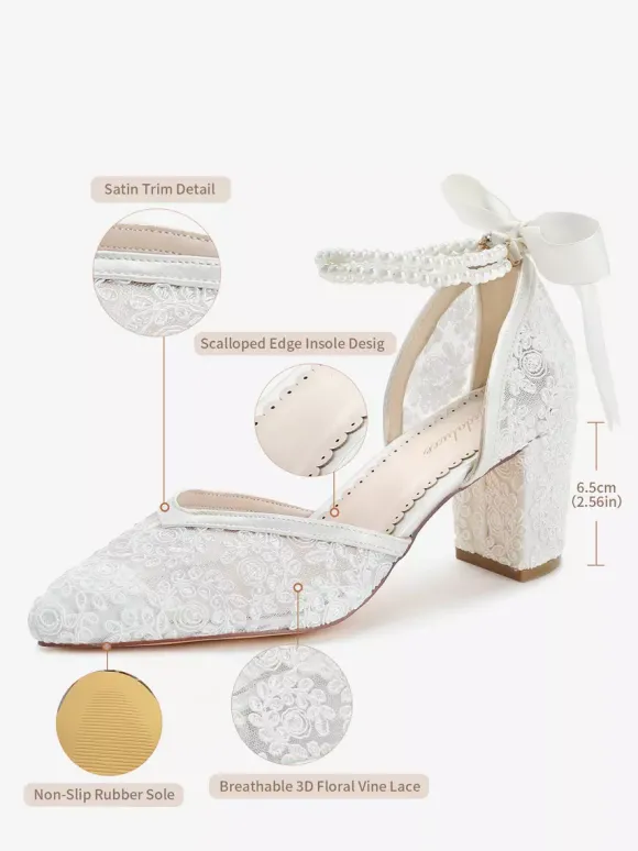 Chaussures de mariée en dentelle bout pointu perles talon compensé bride cheville