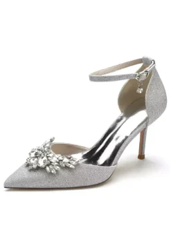 Chaussures de Mariée en Dentelle Femme avec Bout Pointu à Talons Hauts Unicolore
