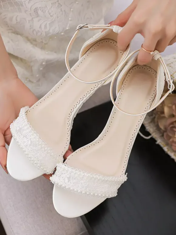 Chaussures de mariée en dentelle bout ouvert perles talon compensé bride cheville