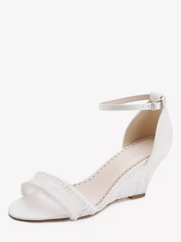 Chaussures de mariée en dentelle bout ouvert perles talon compensé bride cheville