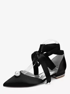 Chaussures de mariée en satin à bout pointu et à lacets avec perles