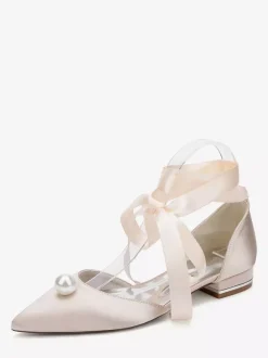 Chaussures de mariée en satin à bout pointu et à lacets avec perles