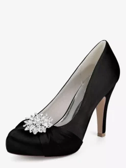 Chaussures de mariée en satin à bout rond et talons hauts avec strass