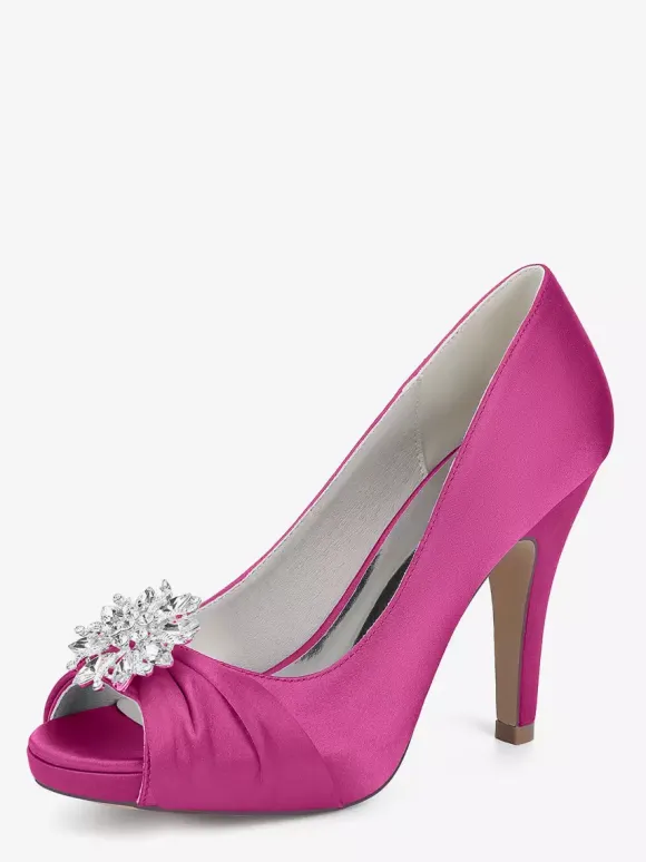 Chaussures de mariée en satin à talons hauts et bout ouvert avec strass