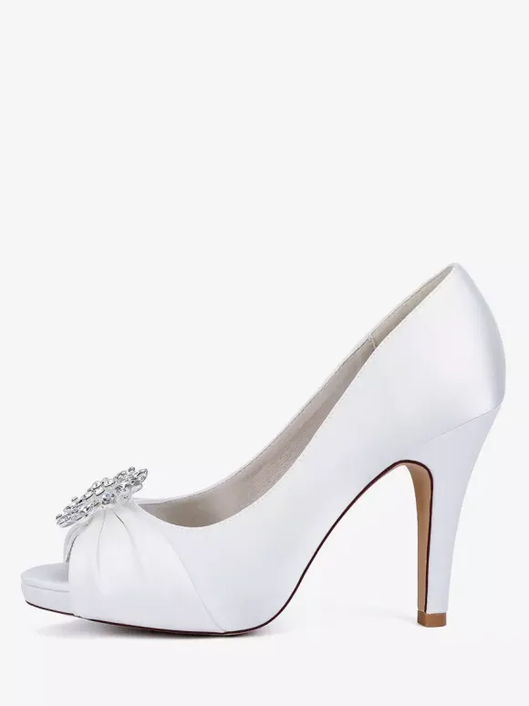 Chaussures de mariée en satin à talons hauts et bout ouvert avec strass