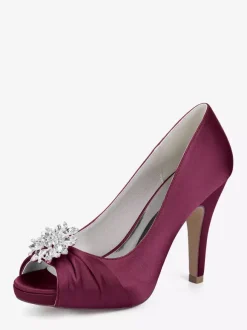 Chaussures de mariée en satin à talons hauts et bout ouvert avec strass