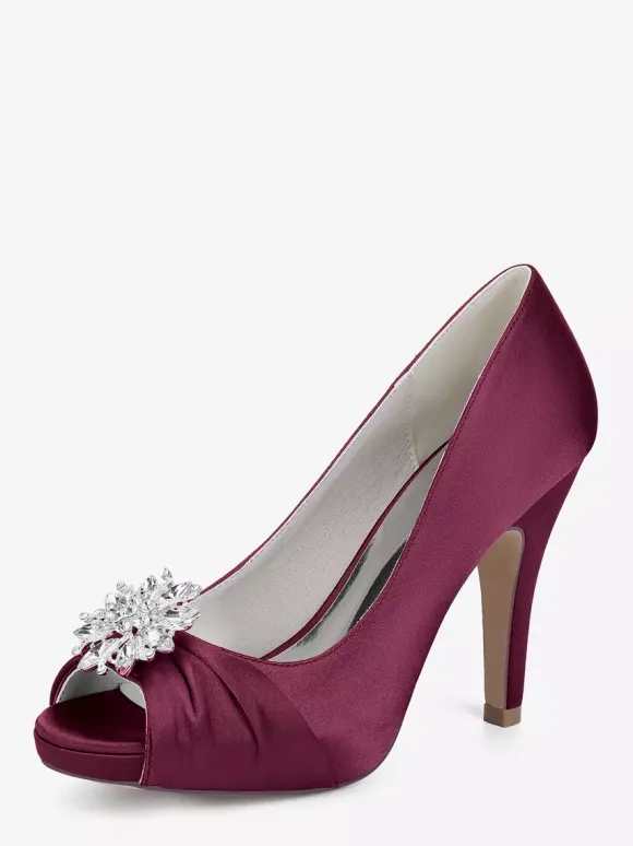 Chaussures de mariée en satin à talons hauts et bout ouvert avec strass