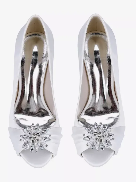 Chaussures de mariée en satin à talons hauts et bout ouvert avec strass