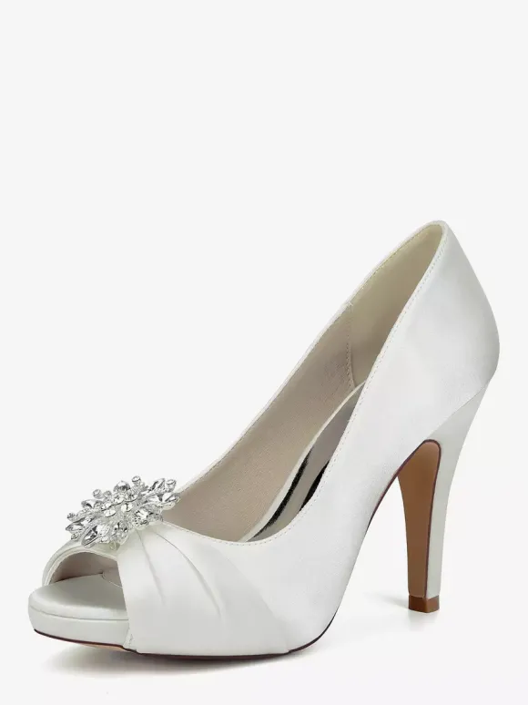 Chaussures de mariée en satin à talons hauts et bout ouvert avec strass