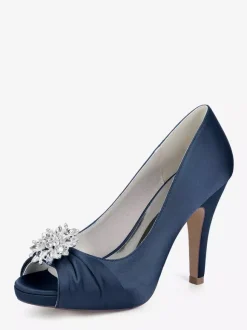 Chaussures de mariée en satin à talons hauts et bout ouvert avec strass