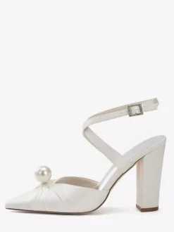 Chaussures de mariée en satin à talons épais et bout pointu avec perles