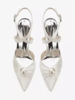Chaussures de mariée en satin à talons épais et bout pointu avec perles