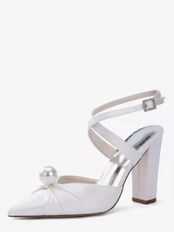 Chaussures de mariée en satin à talons épais et bout pointu avec perles