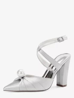 Chaussures de mariée en satin à talons épais et bout pointu avec perles