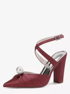 Chaussures de mariée en satin à talons épais et bout pointu avec perles