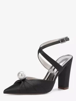 Chaussures de mariée en satin à talons épais et bout pointu avec perles