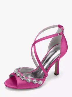Chaussures de mariée en satin à bout ouvert et strass croisés