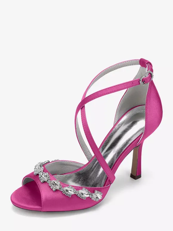 Chaussures de mariée en satin à bout ouvert et strass croisés