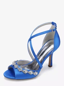 Chaussures de mariée en satin à bout ouvert et strass croisés
