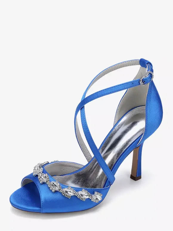 Chaussures de mariée en satin à bout ouvert et strass croisés