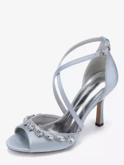 Chaussures de mariée en satin à bout ouvert et strass croisés