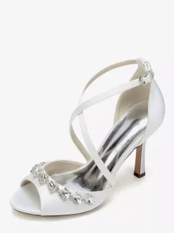 Chaussures de mariée en satin à bout ouvert et strass croisés
