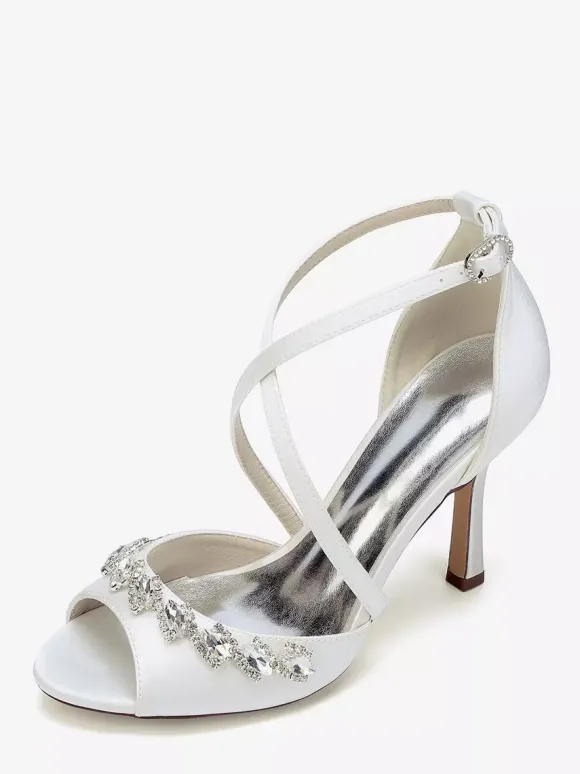 Chaussures de mariée en satin à bout ouvert et strass croisés