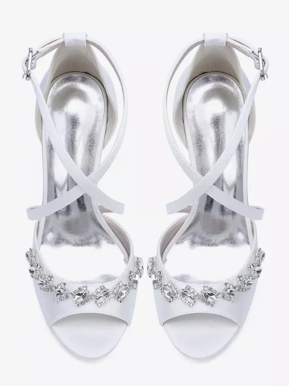 Chaussures de mariée en satin à bout ouvert et strass croisés