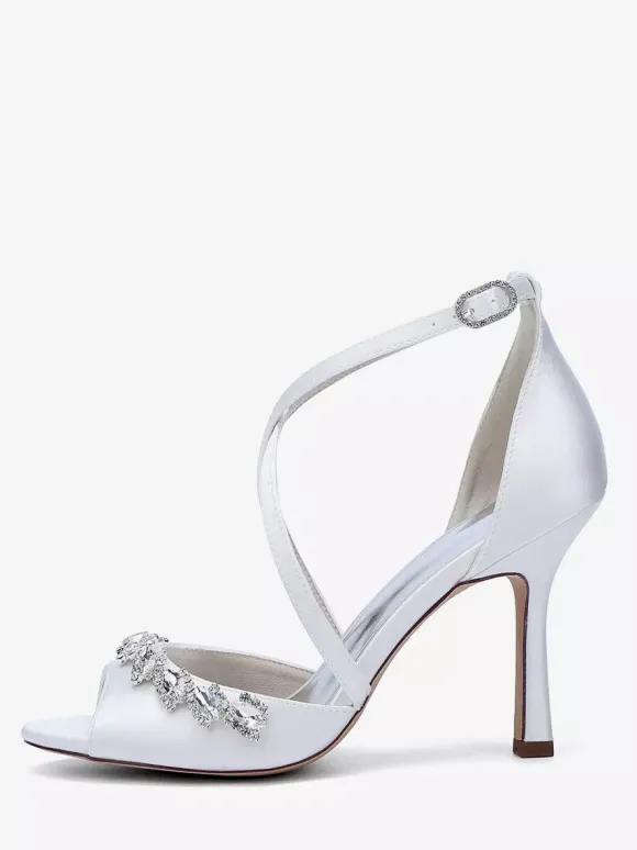 Chaussures de mariée en satin à bout ouvert et strass croisés