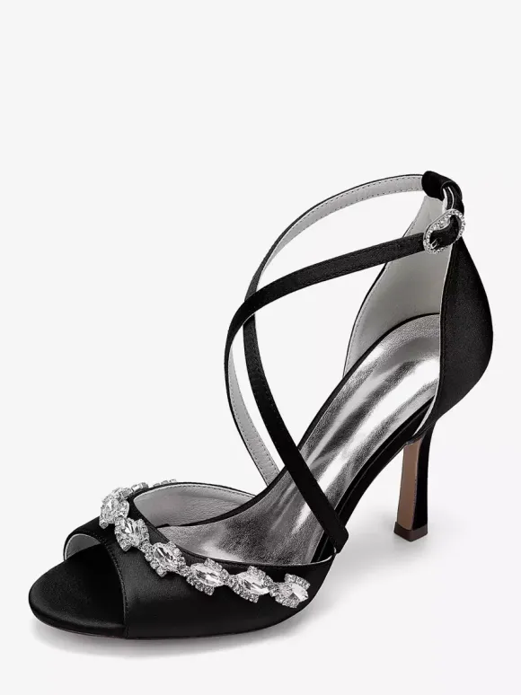 Chaussures de mariée en satin à bout ouvert et strass croisés
