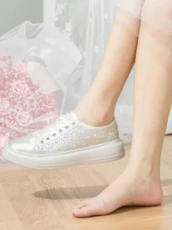 Chaussures de mariée femme mariage en dentelle à bout rond