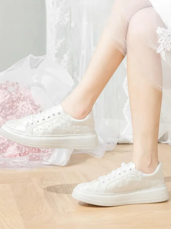 Chaussures de mariée femme mariage en dentelle à bout rond