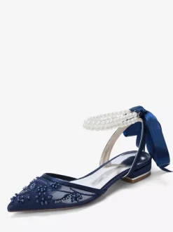 Chaussures de mariée plates en dentelle à bout pointu perles et bride cheville