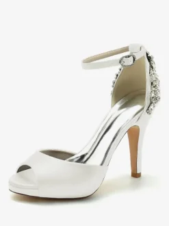 Chaussures De Mariée Pour Femmes Satin Bout Ouvert Strass Talon Épais Chaussures De Mariage