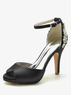 Chaussures De Mariée Pour Femmes Satin Bout Ouvert Strass Talon Épais Chaussures De Mariage
