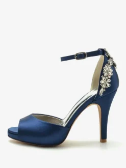 Chaussures De Mariée Pour Femmes Satin Bout Ouvert Strass Talon Épais Chaussures De Mariage