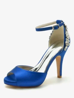 Chaussures De Mariée Pour Femmes Satin Bout Ouvert Strass Talon Épais Chaussures De Mariage