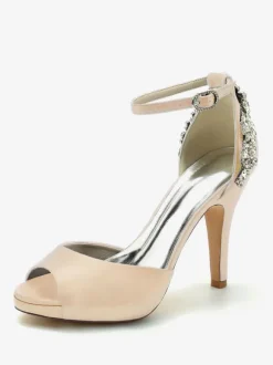 Chaussures De Mariée Pour Femmes Satin Bout Ouvert Strass Talon Épais Chaussures De Mariage