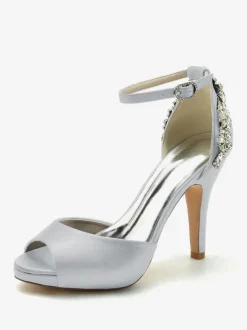 Chaussures De Mariée Pour Femmes Satin Bout Ouvert Strass Talon Épais Chaussures De Mariage