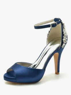 Chaussures De Mariée Pour Femmes Satin Bout Ouvert Strass Talon Épais Chaussures De Mariage