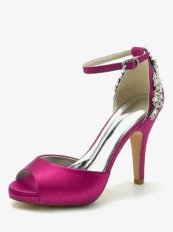 Chaussures De Mariée Pour Femmes Satin Bout Ouvert Strass Talon Épais Chaussures De Mariage