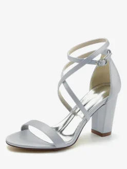 Chaussures De Mariée Pour Femme Satin Champagne Bout Ouvert Talon Épais Chaussures De Mariage À Lacet Cheville