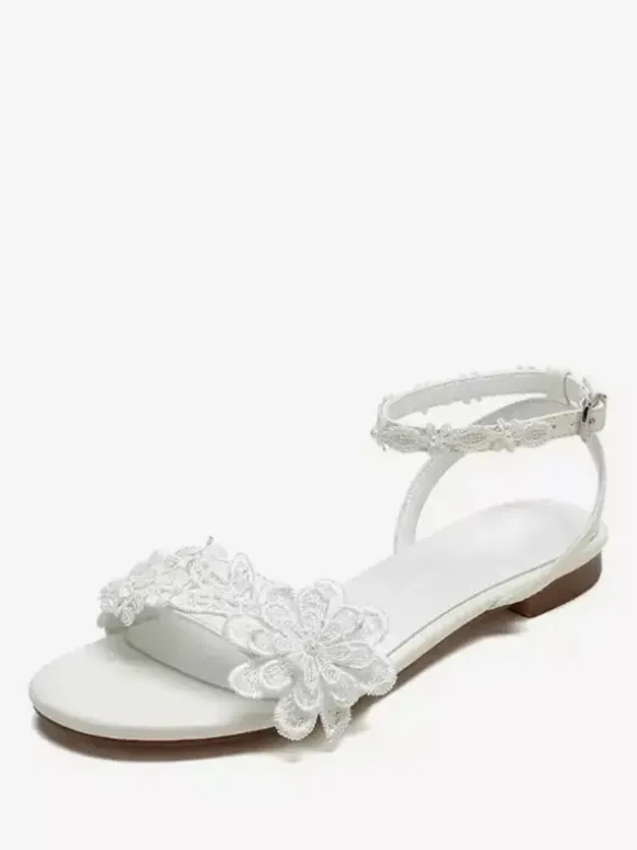 Chaussures de mariée pour femmes bout ouvert dentelle fleurs bride à la cheville