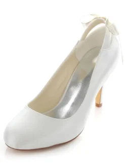 Chaussures de Mariée Simple Blanche Bout Rond Talon Haut en Satin Chaussures de Mariage