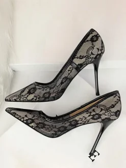 Chaussures De Mariée Transparentes Noires En Dentelle À Bout Pointu Escarpins Mariage