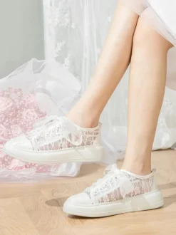 Chaussures de mariée Transparentes femme mariage en dentelle à bout rond