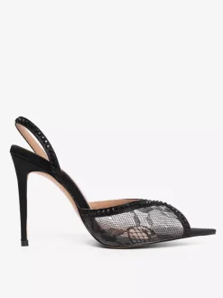 Chaussures de soirée en dentelle à bout ouvert et strass noirs chaussures de soirée à talons hauts et bride arrière