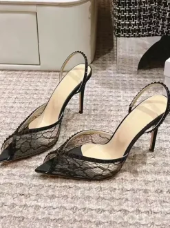 Chaussures de soirée en dentelle à bout ouvert et strass noirs chaussures de soirée à talons hauts et bride arrière