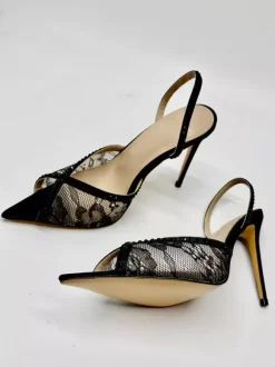 Chaussures de soirée en dentelle à bout ouvert et strass noirs chaussures de soirée à talons hauts et bride arrière